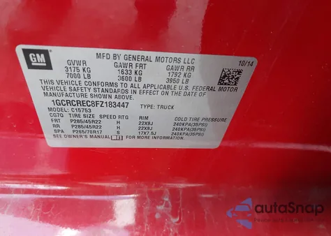 2015 Chevrolet Silverado 1500 1Lt from USA, damaged, VIN 1GCRCREC8FZ183447